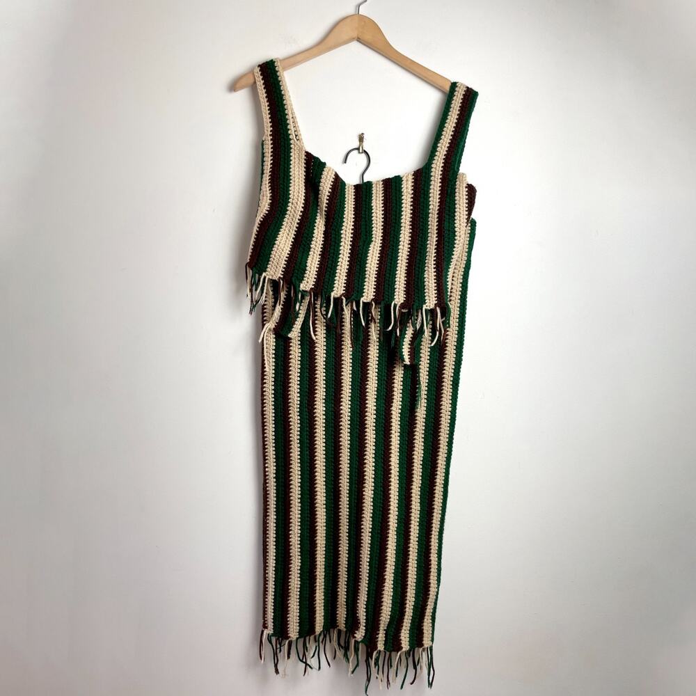 Vintage Crochet Knit Stripe‎ Fringe Skirt Set Boho Hippie Festival Handmade READ